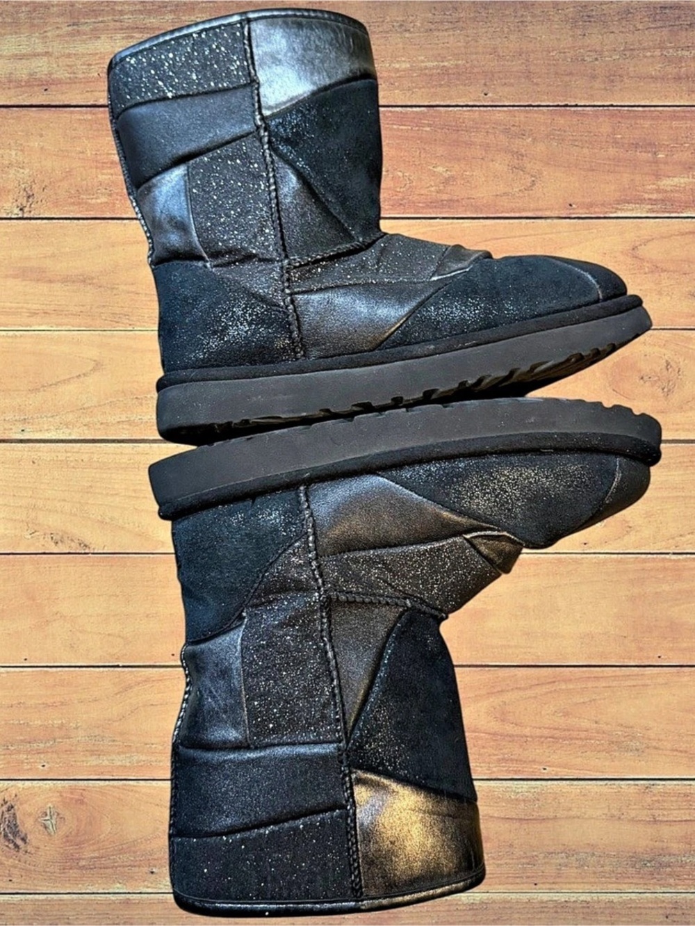 UGG Classic Short Black Glitter Patchwork Suede Leather Boots Size 8 GUC - Picture 10 of 16